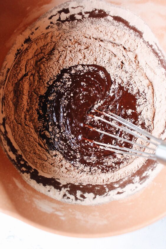 honey brownies, dry ingredients being added to brownie batter