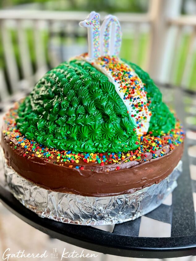 easy homemade over the hill birthday cake recipe, Easy Homemade Over The Hill Birthday Cake Recipe decorated with sprinkles green white and brown frosting and candles Gathered In The Kitchen
