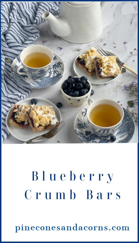 blueberry crumb bars, Blueberry crumb bars and 2 cups of tea in blue and white transfer ware cups and saucers