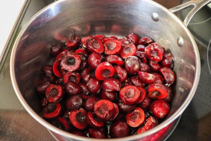 cherry galette tart recipe, Cherries pitted and halved in a pot