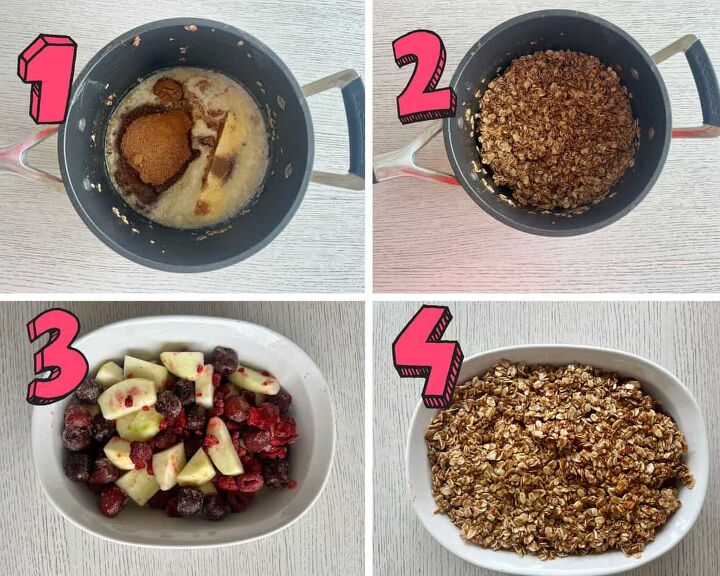 apple and berry crumble with healthy crumble topping, apple and berry cobbler process shots