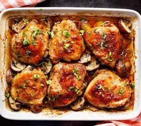 the best texas chicken portobello mushroom recipe, oven baked juicy chicken breasts with mushrooms in a baking dish on a dark wooden table vertical view from above