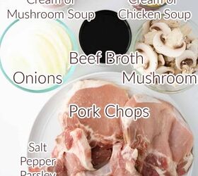easy crock pot pork chops and gravy, Pork chops onions cans of soup herbs for recipe