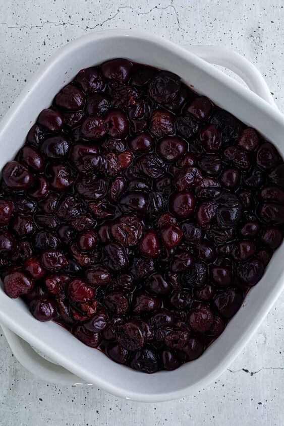 how to make homemade cherry crumble, Place the cherry mixture in an 8 inch baking dish