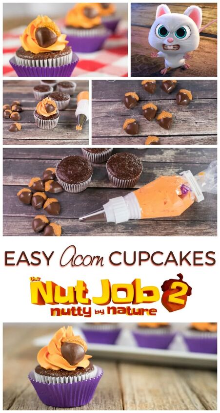 nutty by nature fall themed cupcakes recipe, Acorn candy on top of chocolate cupcakes with orange frosting