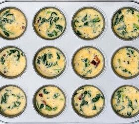 spinach bacon egg cups, bacon egg cups in filled muffin tins before being baked