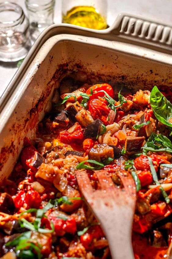 mediterranean roasted eggplant with tomatoes, the roasted eggplant and tomatoes