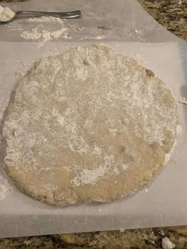 white chocolate macadamia nut scones, Dough shaped into a circle and 1 thick