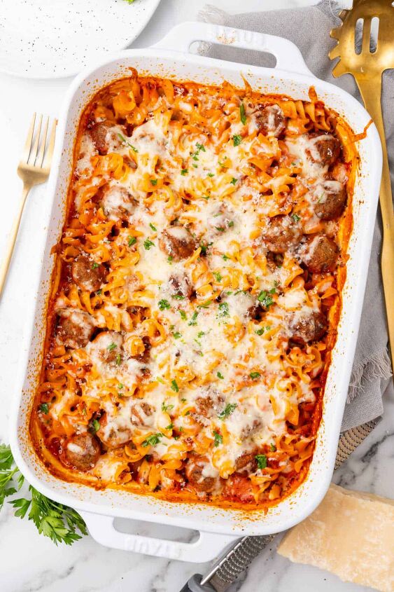 meatball casserole, Shot from above of meatball casserole in a dish