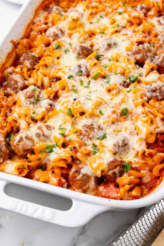 meatball casserole, Zoomed image of casserole in a dish