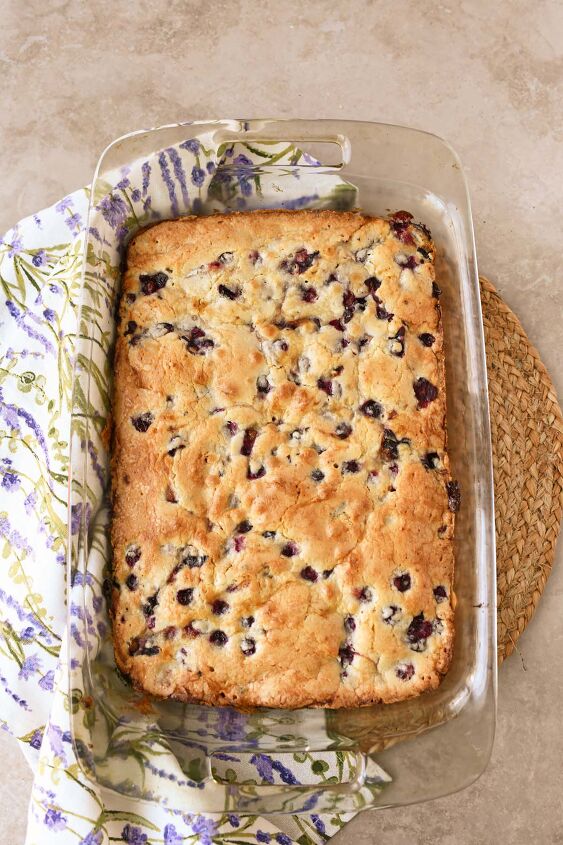 blueberry christmas cake, Golden brown blueberry cake in a glass pyrex