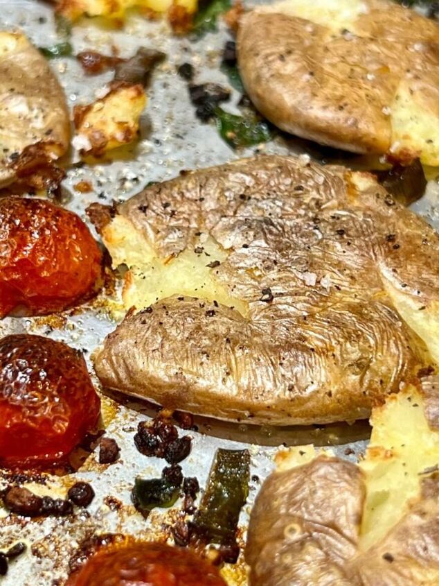 healthy cacio e pepe, Garlic herb smashed potatoes on a sheet pan