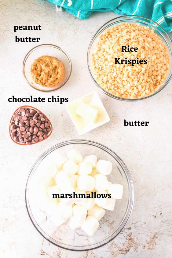 peanut butter rice krispie treats with chocolate, Ingredients needed to make Peanut Butter Rice Krispie Treats with Chocolate