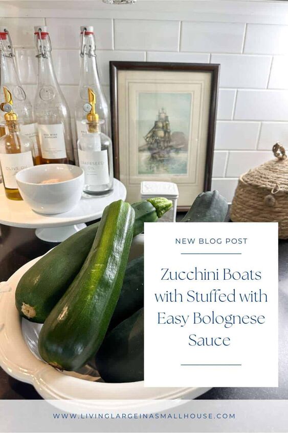 zucchini boat stuffed with an easy bolognese sauce, pinterest graphic with an overlay that reads zucchini boats stuffed with easy bolognese sauce