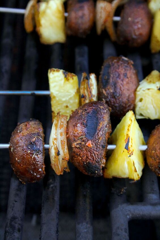 vegan jamaican jerk mushroom skewers, Vegan Jamaican Jerk Mushroom Skewers on the grill