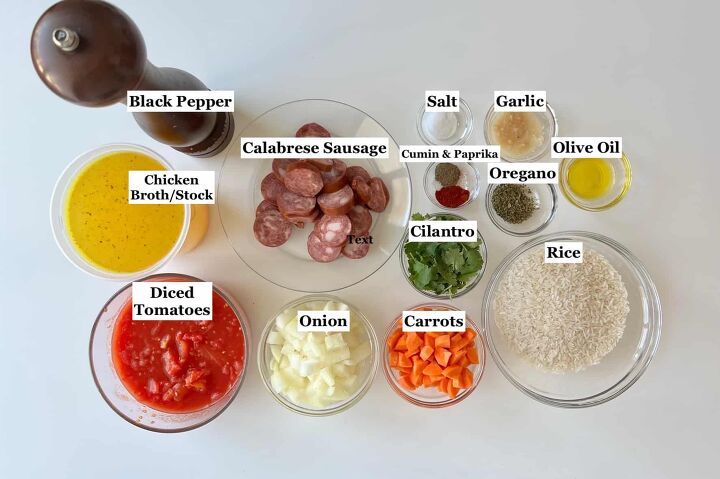 galinhada dutch oven chicken and rice, Ingredients prepped and measured out in bowls for Galinhada Dutch oven chicken and rice