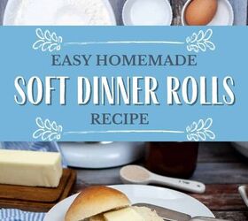 easy homemade dinner rolls recipe, Easy Homemade Soft Dinner Rolls Recipe text overlay on image of ingredients and fresh rolls with butter on a plate