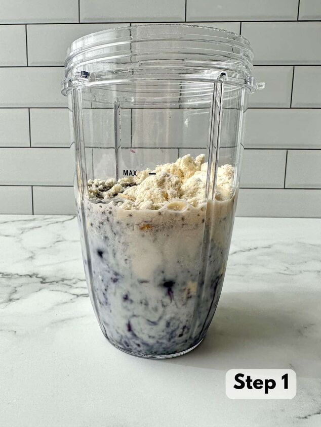 blueberry protein shake, All protein shake ingredients in a clear blender cup