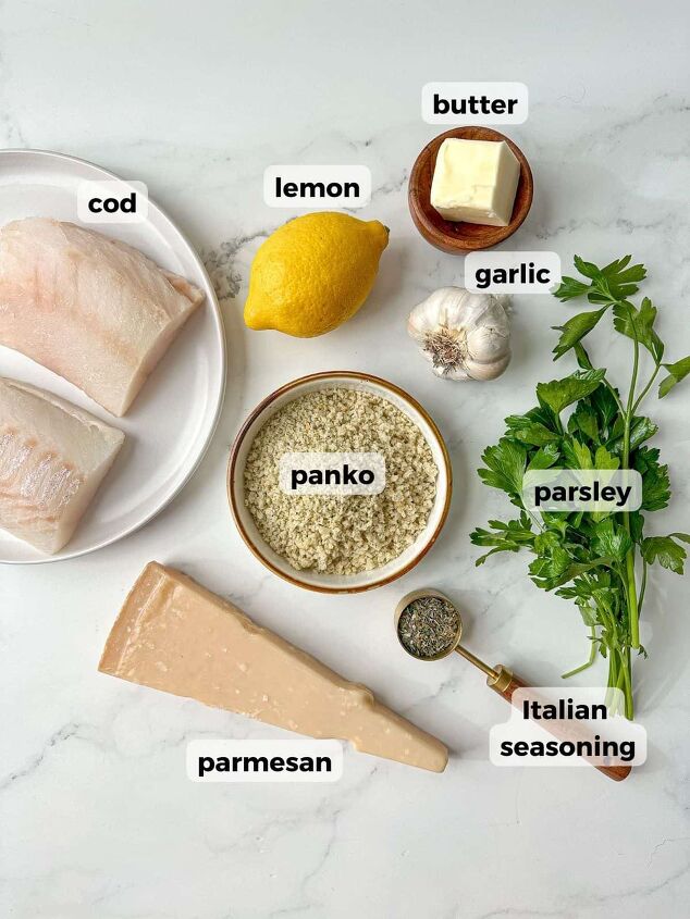 baked panko crusted cod, Ingredients needed to make this recipe include cod panko parmesan lemon garlic butter parsley and Italian seasoning