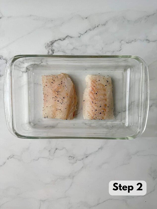 baked panko crusted cod, Two cod fish in a baking dish seasoned with salt and pepper