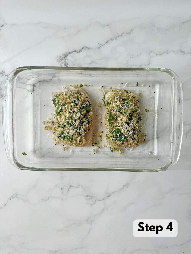 baked panko crusted cod, Two uncooked cod topped with panko and parmesan crust in a baking dish