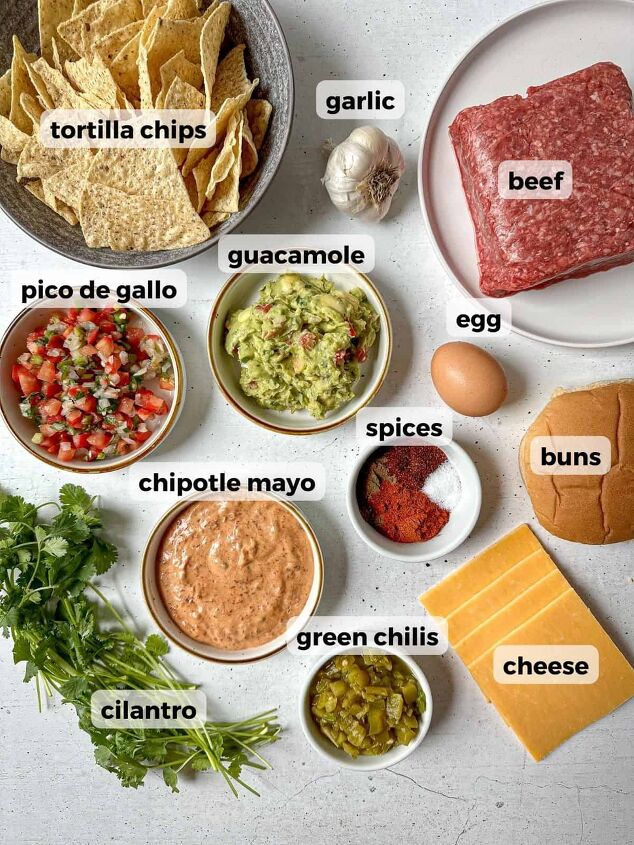 southwest burger with chipotle mayo, Ingredients needed to make southwest burgers on a concrete table ground beef hamburger bun egg cheese green chilis cilantro spices pico de gallo guacamole chipotle mayo garlic and tortilla chips
