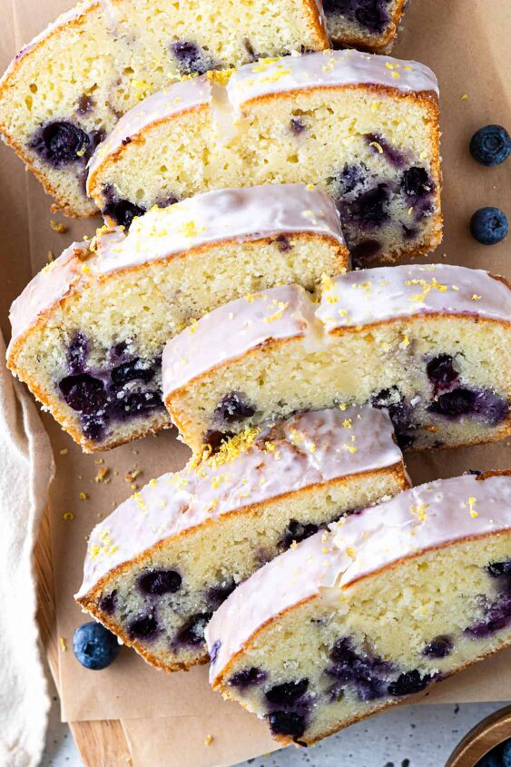 the best lemon blueberry pound cake loaf, Slices of lemon glazed blueberry pound cake