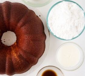 red velvet bundt cake with cream cheese, Bundt cake ingredients on a white surface with cream cheese icing ingredients
