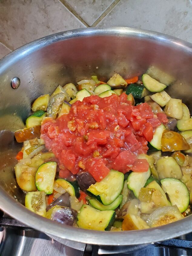 the best most simple ratatouille recipe ever, Add diced tomatoes broth 15 min