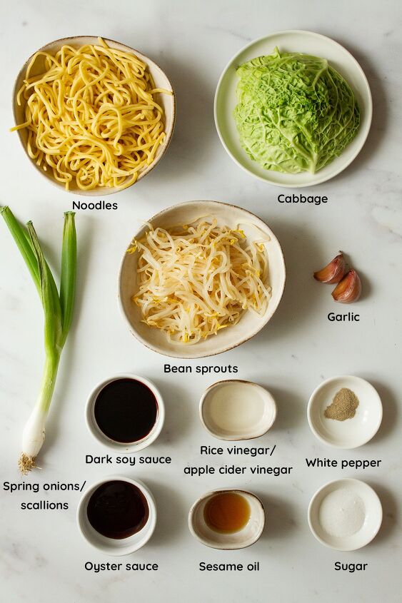 plain chow mein noodles beansprout chowmein, All ingredients laid out on a white background