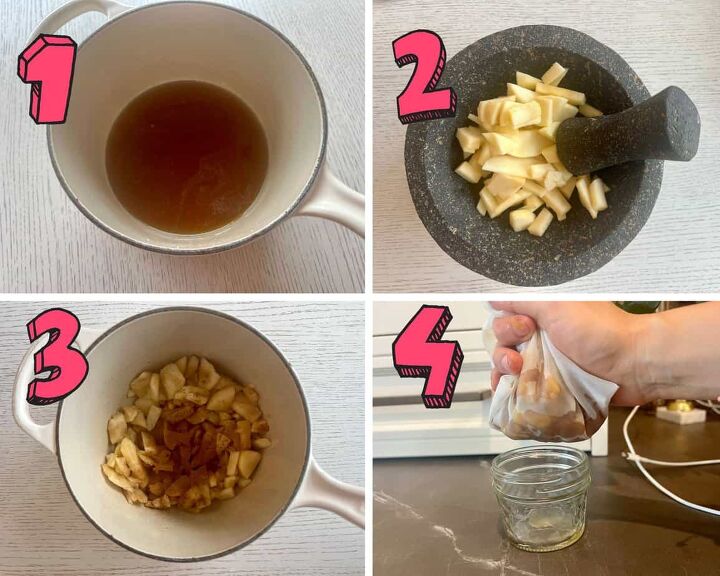 copycat starbucks apple crisp macchiato recipe, process shots showing how to make a starbucks copycat apple crisp macchiato drink by making simple syrup muddling apples cooking the apples and straining the syrup out of the apples with a nutmilk bag