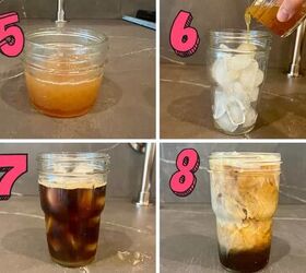 copycat starbucks apple crisp macchiato recipe, process shots showing how to assemble the macchiato by adding syrup to a cup of ice along with expresso then pouring in milk