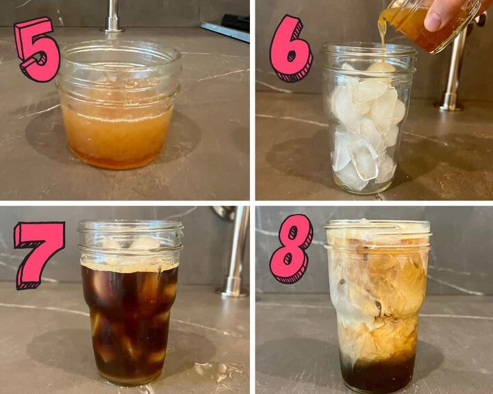 copycat starbucks apple crisp macchiato recipe, process shots showing how to assemble the macchiato by adding syrup to a cup of ice along with expresso then pouring in milk