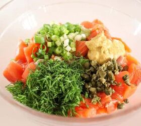 fresh salmon burgers with easy lemon dill sauce, Salmon burger ingredients in a bowl