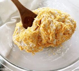 no knead cheddar bread in the dutch oven, Dough in a clear glass mixing bowl