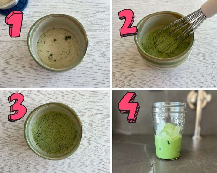 low calorie dirty matcha latte starbucks copycat, process photos showing how to make a dirty matcha latte