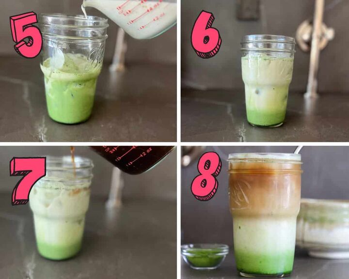 low calorie dirty matcha latte starbucks copycat, process photos showing how to layer a dirty matcha latte