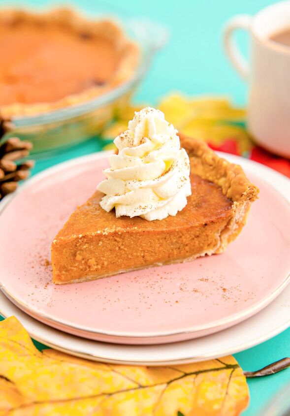 jamie oliver pumpkin and sweet potato soup gluten free, Gluten free air fryer pumpkin pie slice with whipped cream on top on a pink plate