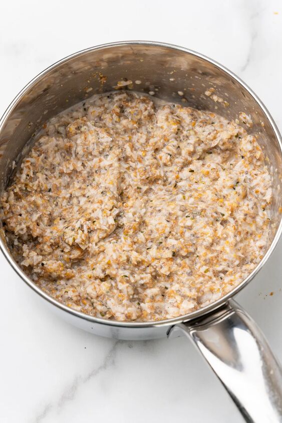 keto oatmeal, Thick healthy mixture in saucepan