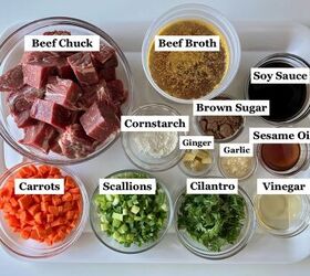 korean beef stew recipe slow cooker or oven, All ingredients chopped and measured in bowls on counter for Korean Beef Stew