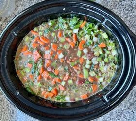 korean beef stew recipe slow cooker or oven, All ingredients mixed including beef broth raw carrots celery scallions and cilantro added to beef in slow cooker for Korean Beef Stew