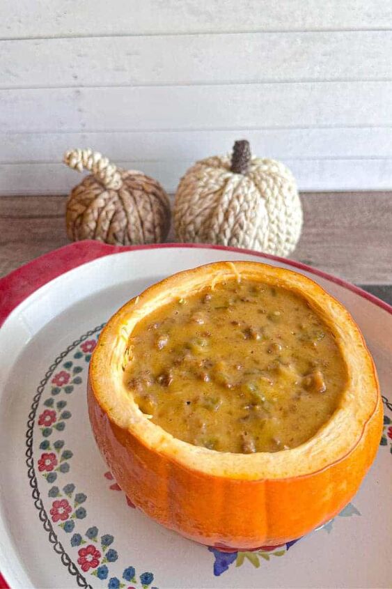 pumpkin queso dip recipe, queso dip in a small pumpkin