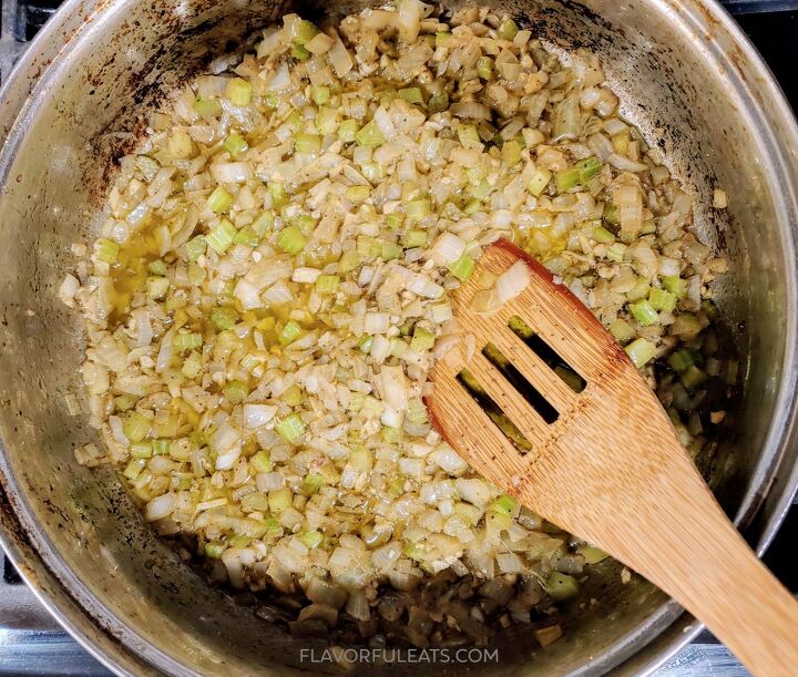 mom s sausage stuffing, Onion celery and garlic sauteing in a pan for the stuffing