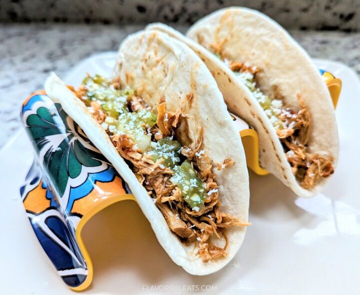 slow cooker chipotle chicken, Tacos filled with the Slow Cooker Chipotle Chicken topped with cheese and salsa verde