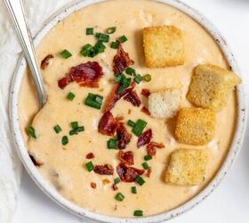 quick instant pot beef stew, A bowl of cheese soup with bacon and croutons