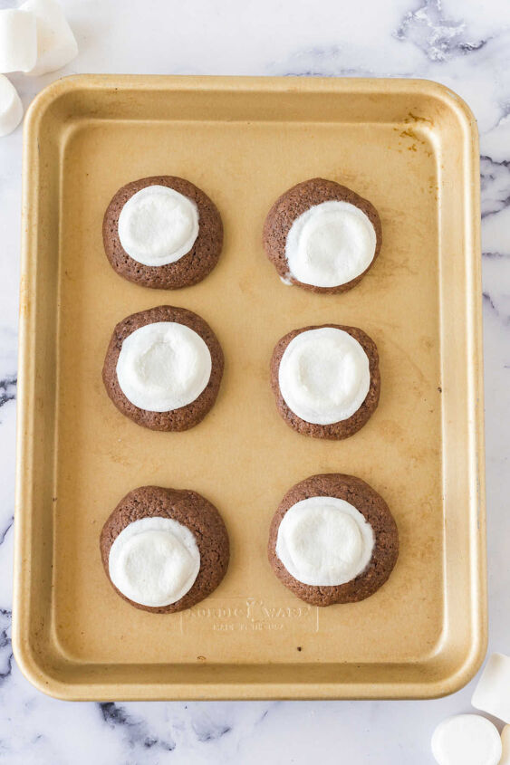 hot chocolate cookies, Tray of finished cookies with gooey marshmallows baked on top fresh from the oven