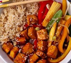 crispy salt and pepper tofu air fryer or baked, A bowl of sweet and sour tofu with rice and vegetables