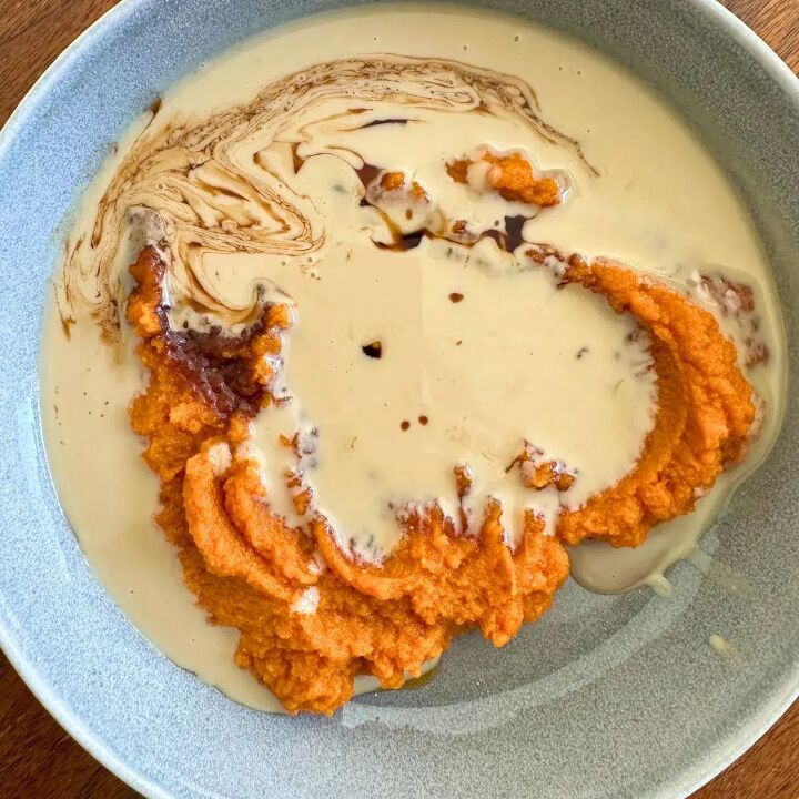 healthy chunky pumpkin granola recipe, tahini maple syrup pumpkin puree in a bowl