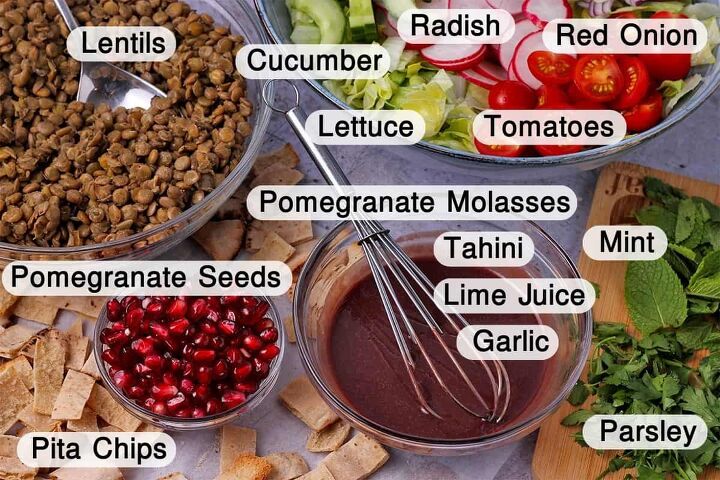 lentil pomegranate salad with tahini dressing, The ingredients for lentil pomegranate salad with labels