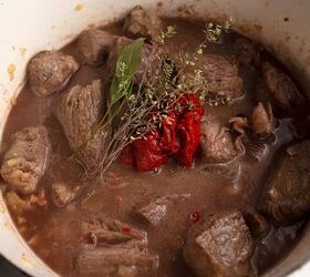 boeuf bourguignon a la tammy, Wine and broth added along with the tomato paste and herbs